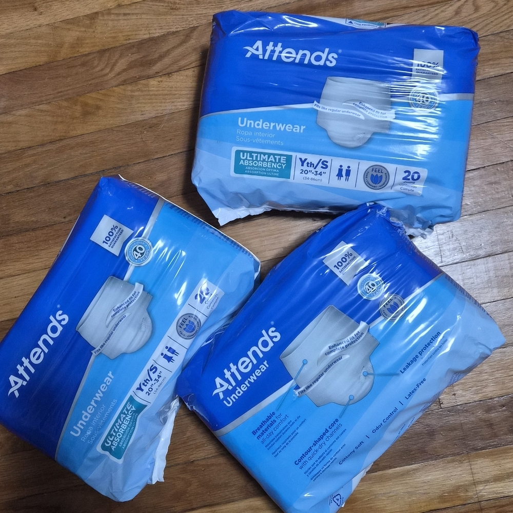 3 BAGS ATTEND UNDERWEAE Adult Diapers, Youth/Small 20"-34"